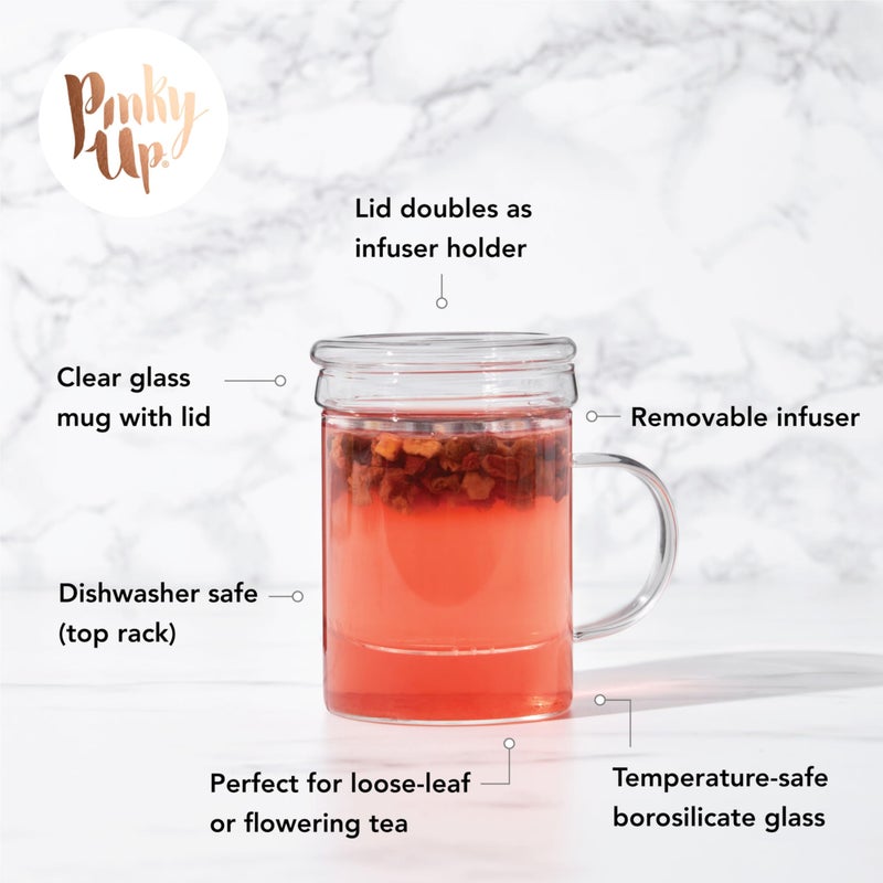 Pinky Up Blake Tea Infuser Mug with Lid, Glass Cups for Loose Leaf or Flowering Teas, Travel Mugs, Home Office, Picnic, Camping, 12 oz Set of 1, Clear - Image 2